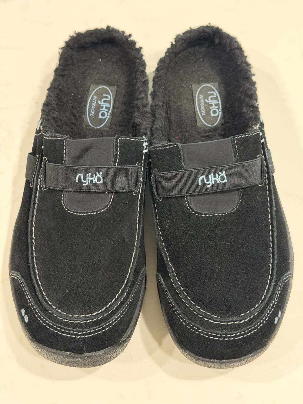 Ryka Black Suede Faux Fur Lined Slip On Mules Slippers Size 8.5W